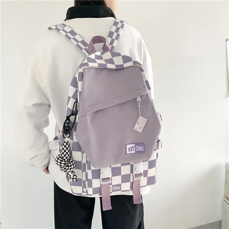 Trend Plaid Women's Backpack Waterproof Nylon Simple School Bag for Teenage Large Capacity Travel Laptop Bag New Girls Back Pack