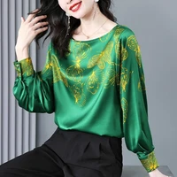 silk top womens 2022 spring new high end hangzhou mulberry silk printing long sleeved t shirt green shirt women top