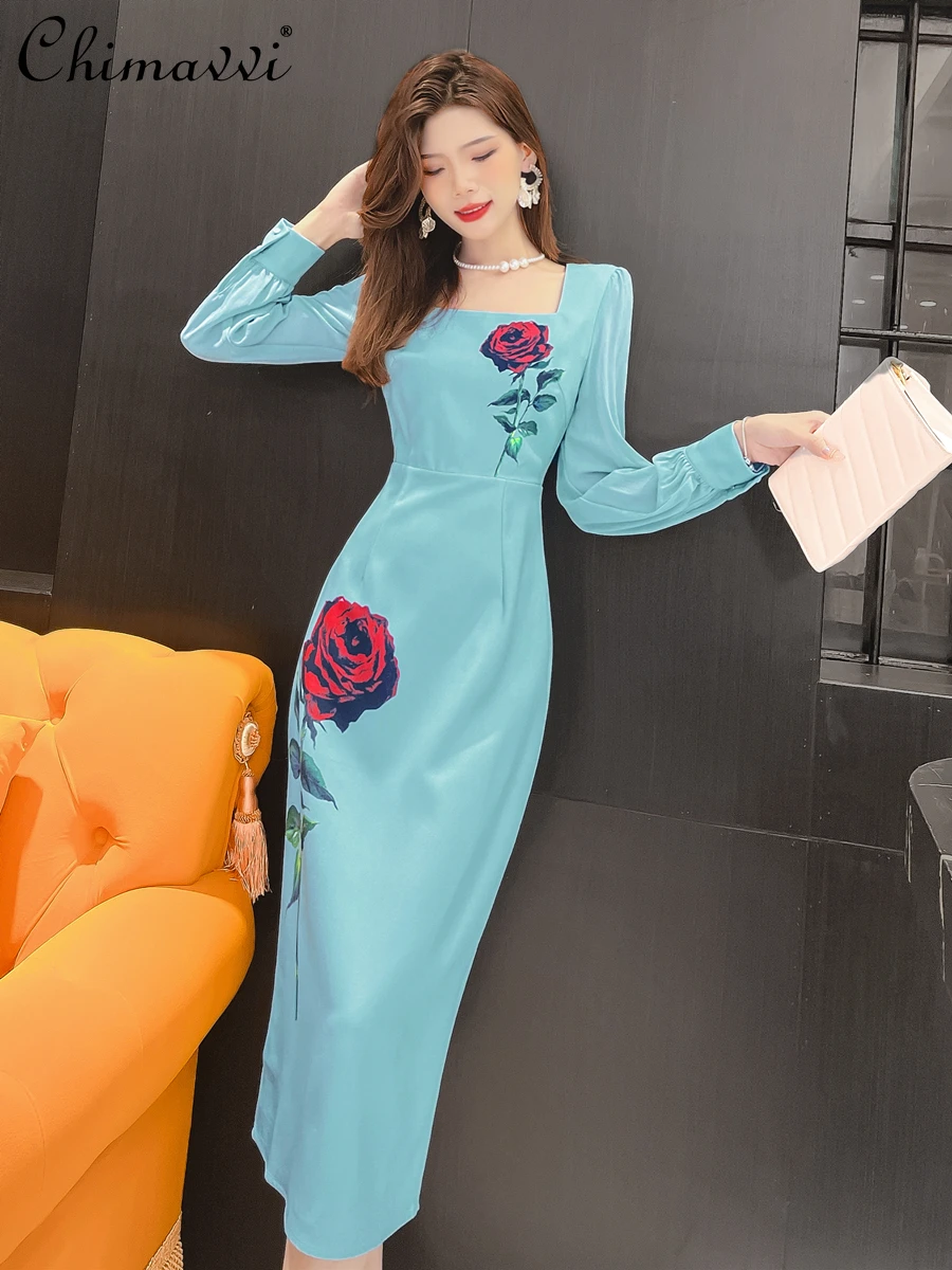 Women 2022 New Early Autumn Fashion Elegant High Sense Mid-calf Dress Ladies Retro Chic Office Lady A-line Printed Long Dress