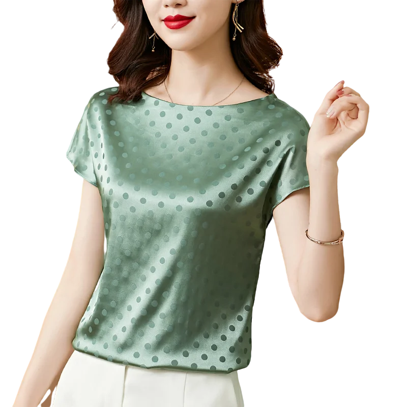 

Summer Women Shirts Wave Point Blouses for Women Satin Printing Shirts Women's Clothing 2021 Green O-neck Short Sleeve Blouse OL