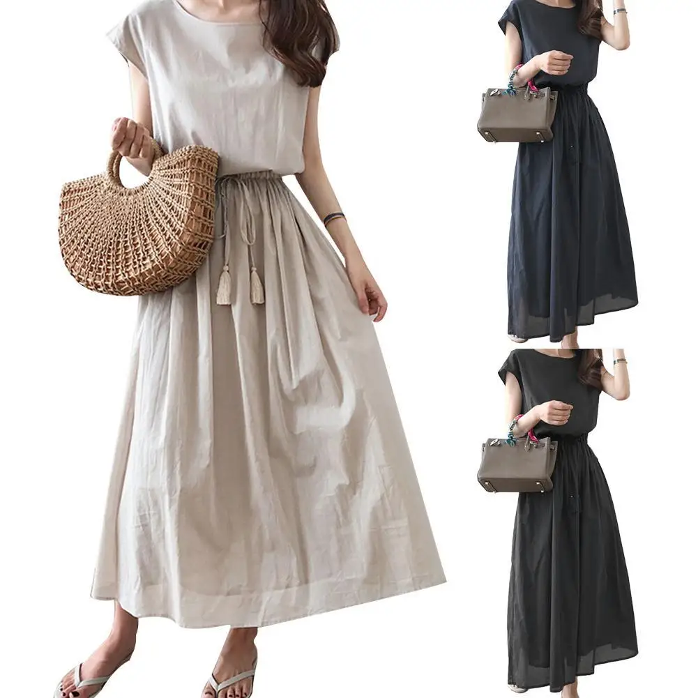 

The New Waist-retractable Loose Cotton and Linen Dress for Summer 2022