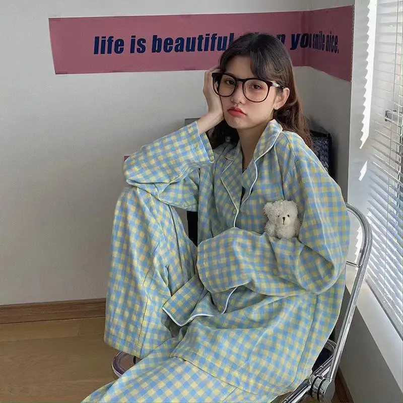 

Women's Spring 2 Pcs Pajamas Set Female Cute Cartoon Home Suit Autumn Comfortable Plaid Print Long Sleeves Tops Pants Loungewear