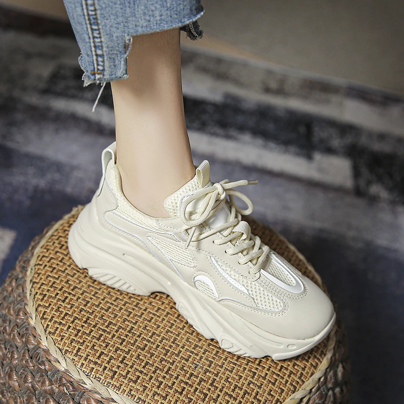 

Женские кроссовки на платформе, повседневная спортивная обувь, на шнуровке, дышащие, массивные