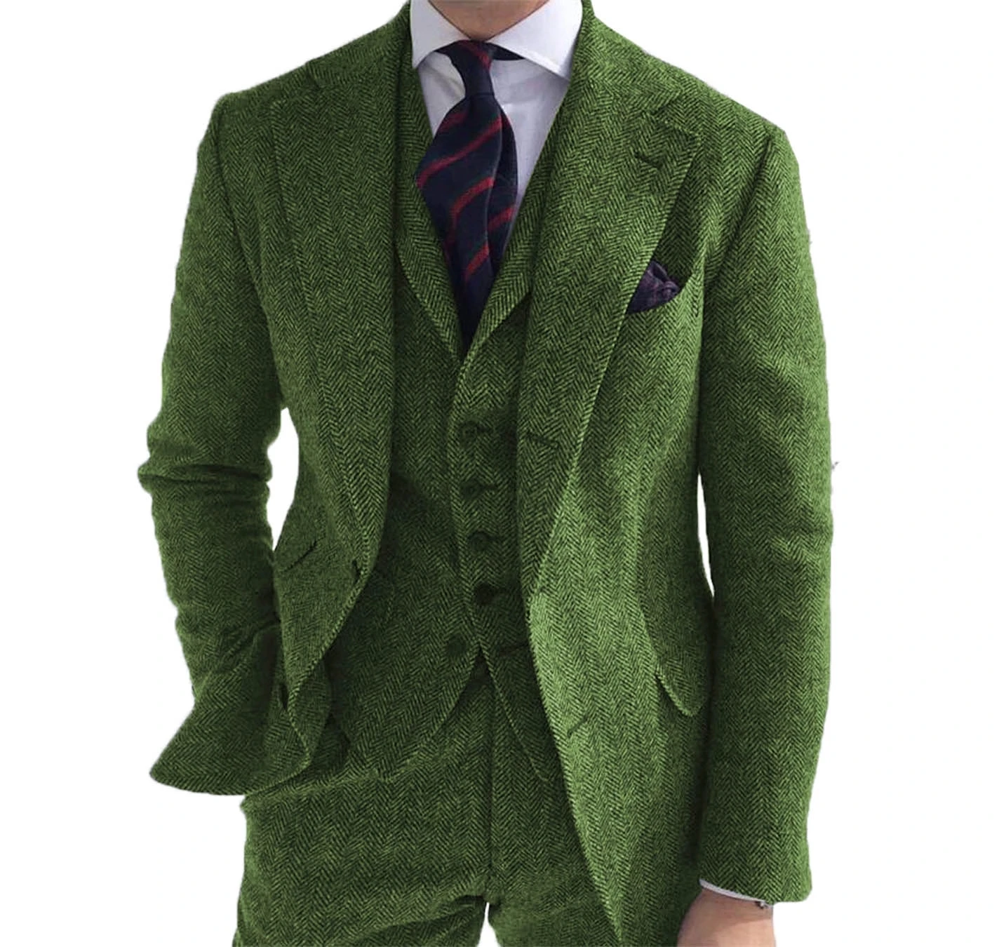 

Men‘s Suits 3 Pieces Green Wool Tweed Herringbone Business Retro Classic PatternTuxedos For Wedding Blazer PantsVest mens suit