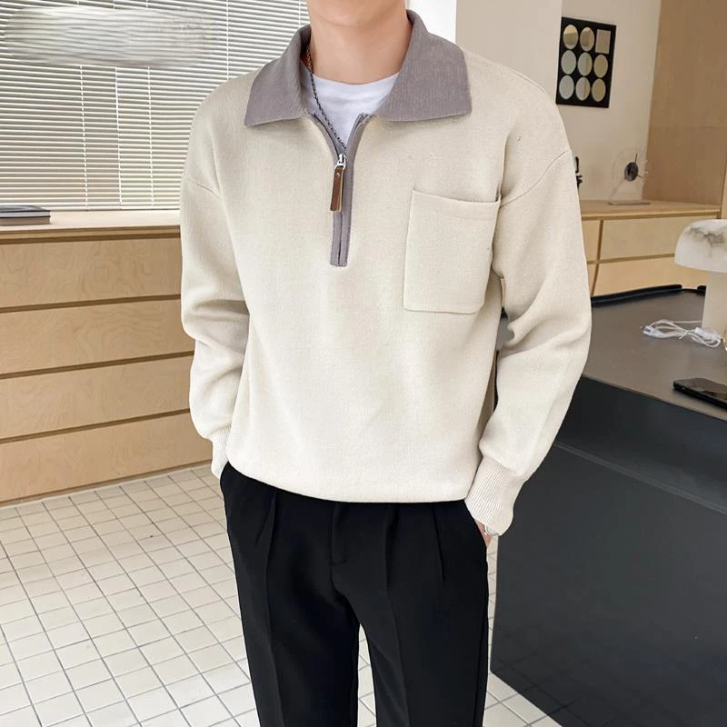 

Мужской вязаный свитер в стиле Харадзюку, Повседневный пуловер составного кроя на молнии с отворотами, свободный винтажный свитер в Корейском стиле на осень, 2023