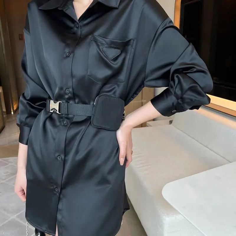 

Fashion Brand Women Shirt Dresses Luxury Belt Bag Smooth Fabric Design Famous Trend Women Solid Color Casual Loose Shirts Dress