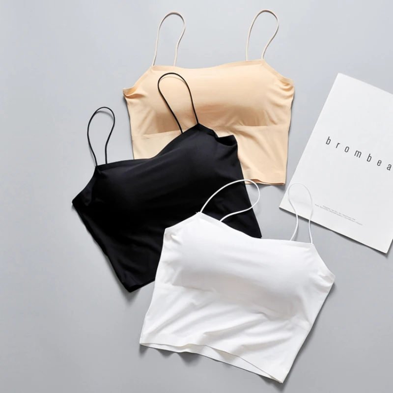

Ice Silk One Piece Sling Crop Top Seamless Solid Bra Camisole Comfortable Breathable Spaghetti Running Sports Tube Top Underwear