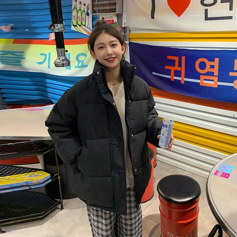 Women Turn Collar Simple Solid Casual Thick Bread Coat Down Jackets Female 2021 New Students Winter Korean Jacket Loose Overcoat