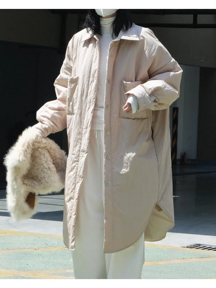 2022 Fall Winter Leisure Wind Lapel Single Breasted Loose Cotton-Padded Jacket Parka Women Shirt Style Windproof Warm Long Coat