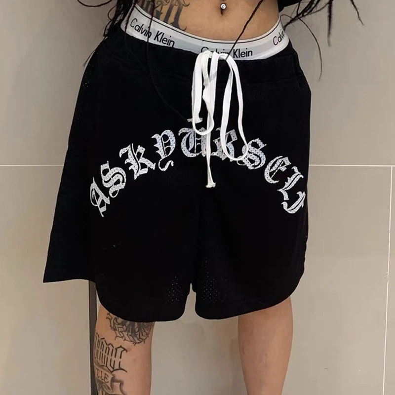 

Askyurself new mesh shorts printed letters casual loose men and women tide couple sports summer five-minute pants