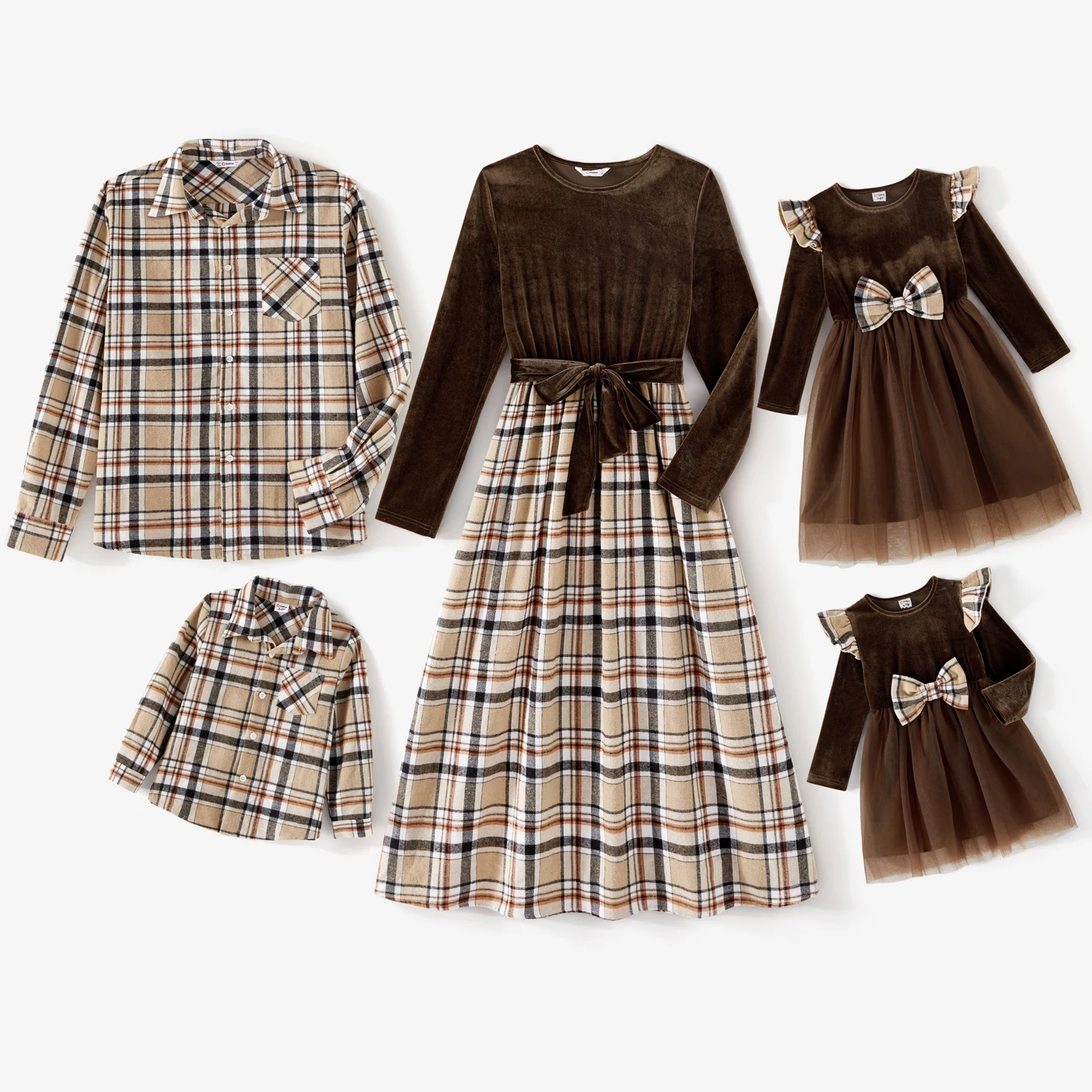 

PatPat Family Matching Plaid Spliced Velvet Long-sleeve Dresses and Button Up Shirts Sets