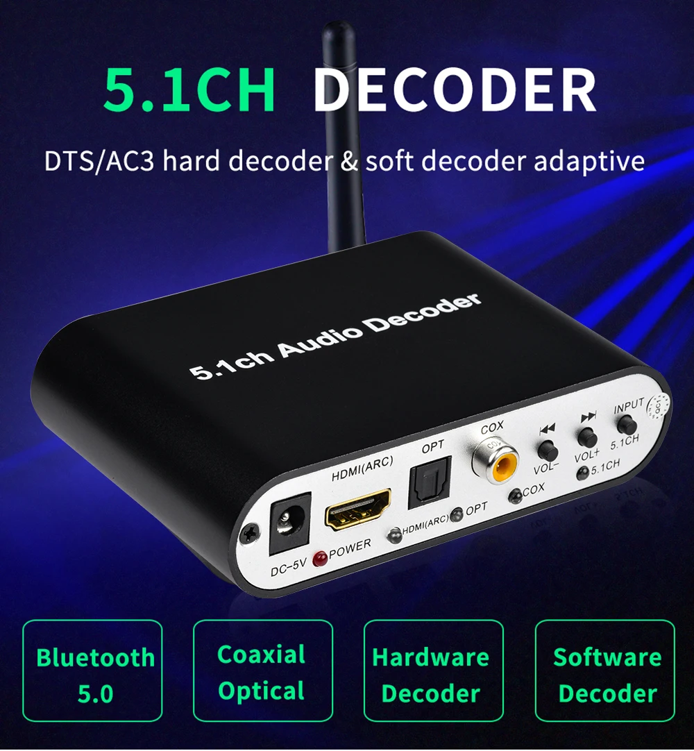 Фото DTS AC3 5.1 Аудиодекодер-конвертер, HDMI-совместимый экстрактор, ARC, SPDIF, коаксиальный, оптический, USB-плеер, Bluetooth DAC, DTS AC3, FLAC №3
