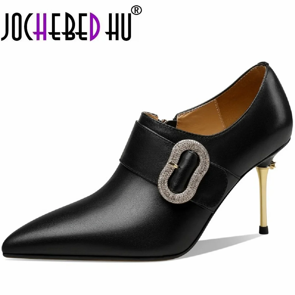 

【JOCHEBED HU】2023 women Brand natural Genuine leather full leather pointed toe Side zipper deep mouth single shoes