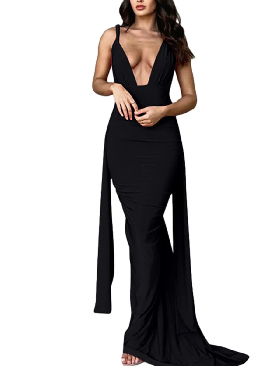 

Elegant Sleeveless Lace Maxi Dress with Plunging Neckline and Thigh-High Slit for Women s Evening Party