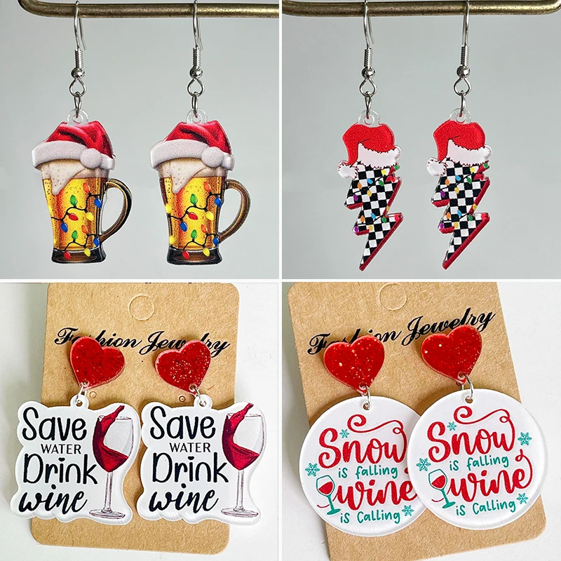 Новые рождественские серьги Рождественская шляпа красное вино пиво аналогичные