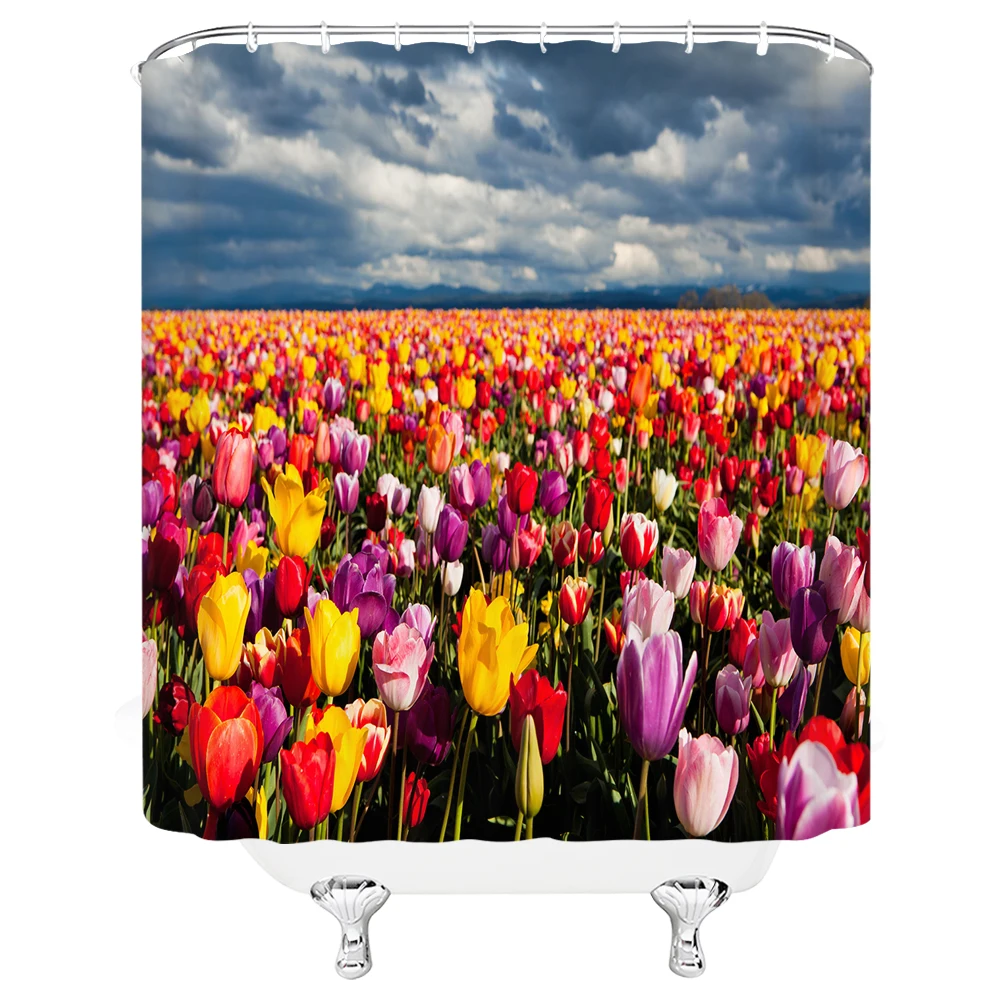 

Flower Shower Curtain Tulip Outdoor Blooming Floral Nature Field Colorful Plants Bathroom Decor Curtain Set Waterproof Fabric
