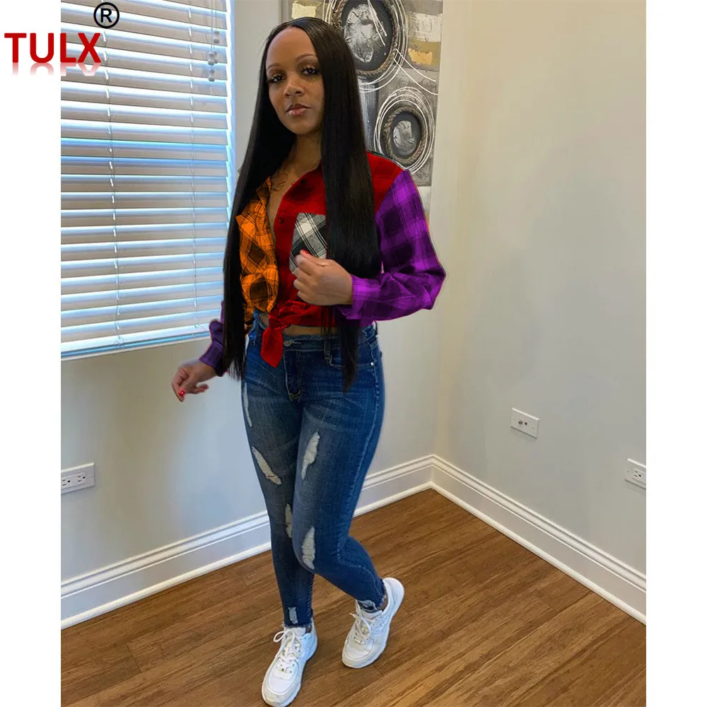 

Женская рубашка в клетку, с длинным рукавом и отложным воротником