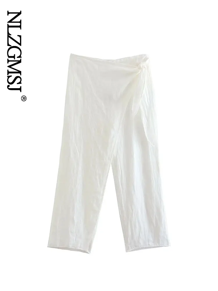 

Женские летние белые длинные брюки Nlzgmsj, широкие однотонные брюки до щиколотки с высокой талией и карманами, 202208