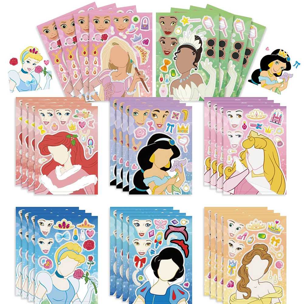 

8/16Sheets Disney Princess Children Puzzle Stickers Make-a-Face Funny Assemble Jigsaw DIY Cartoon Decals Kids Educational Toys