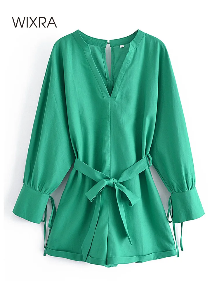 

Wixra 2022 Spring Summer Women Green Playsuits Fashion Street Style Sexy Ladies V-neck Streetwear Lace Up Rompers New Hot