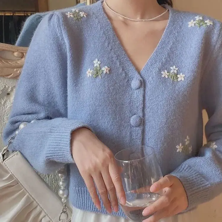 

Floral Embroidered Knitted Cardigan Women Print Sweater Maxi Button Up Long Sleeve Tops Chic Gilrls Casual Cropped Cardigan