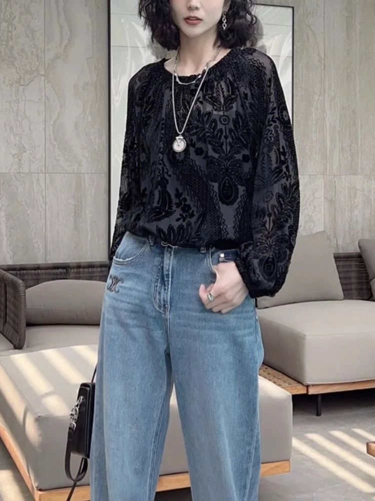 High-End Versatile Black Temperament Shirts Women 2024 Autumn New Plus size Chubby Girl Slimming Fashion Top