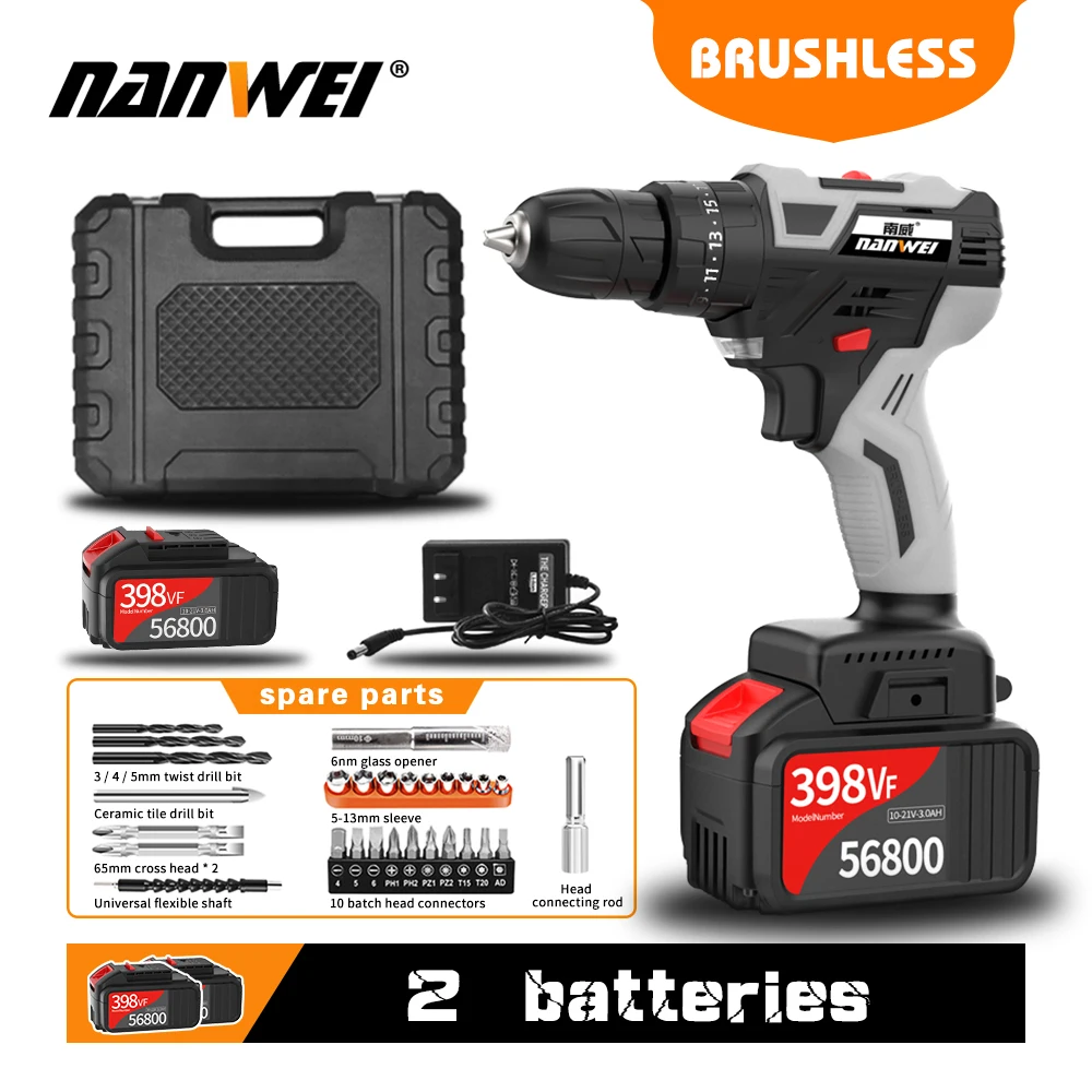 

NANWEI BrushlesElectric Drill Cordless Screwdriver Mini Wireless Lithium-Ion Battery 21V Power Tools Speed and Torque Adjustable