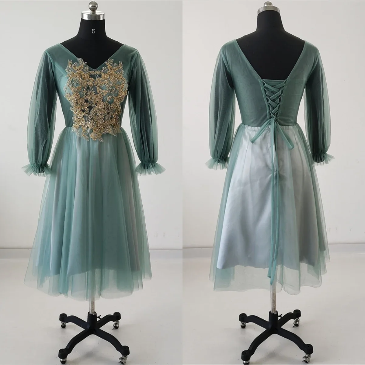 Платье для выпускного вечера зеленое Тюлевое платье с золотистой аппликацией