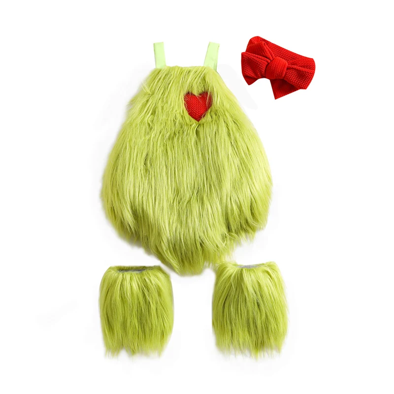 

Infant Baby Girl Halloween Christmas Costumes Green Monster Faux Fur Romper+Leg Warmer+Headband Outfits Clothes Set