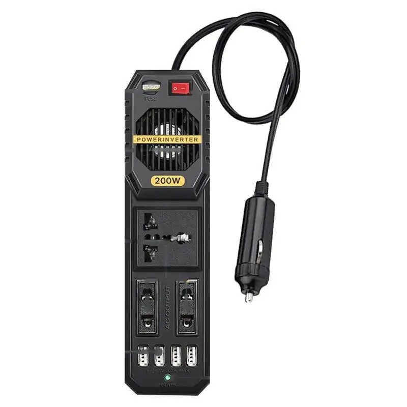 

Автомобильный инвертор 200 Вт, инверторы небольшой мощности с охлаждающим вентилятором, автомобильный инвертор от 12 В до 220 В для телефонов, 4 порта USB для зарядки и переменного тока