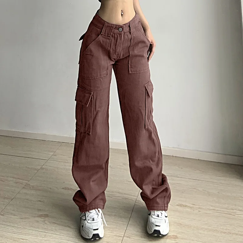 

Джинсовые брюки-карго Y2K с карманами для женщин, прямые брюки в стиле Харадзюку, винтажные эстетические брюки, широкие мешковатые базовые повседневные джинсы