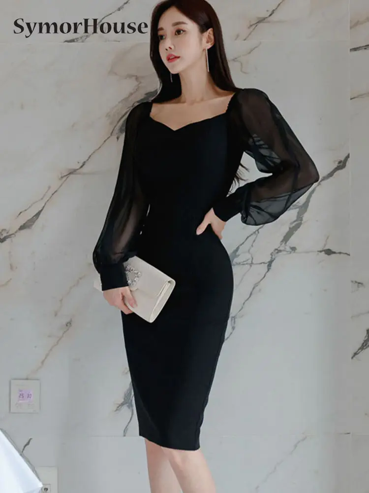 

Новинка 2022, корейское тонкое черное платье-карандаш, корейское шикарное офисное Сетчатое лоскутное простое винтажное платье с V-образным вы...