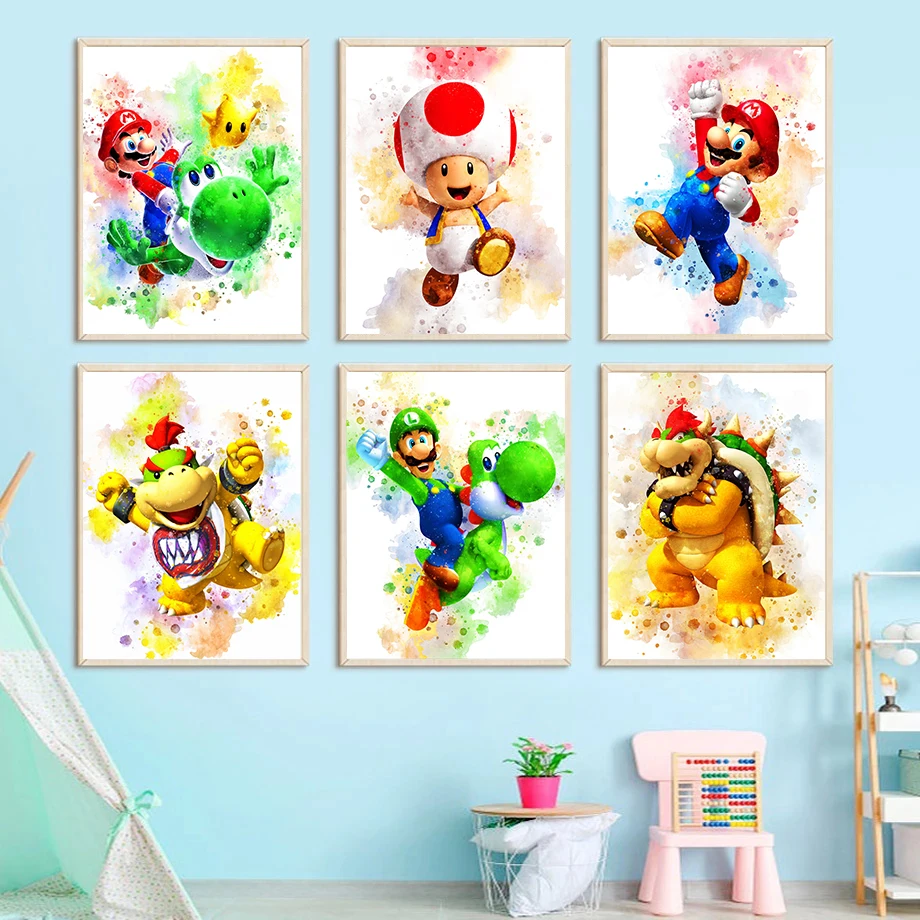 

Cute Pokemon Mario Canvas Painting Watercolor Anime Game Posters Kids Room Decor Living Room Decor Wall Art Prints Picture Mural