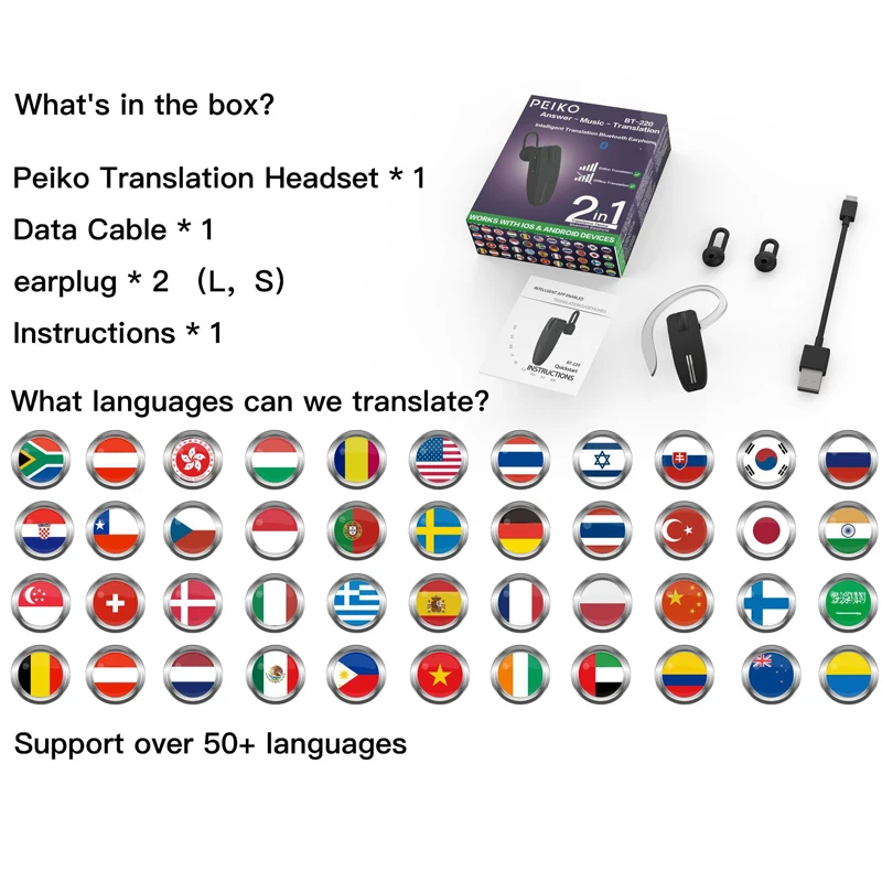 

Peiko Intelligent Online photo translator Translator instant Translate Wireless Bluetooth Translator Earphone Business Travel