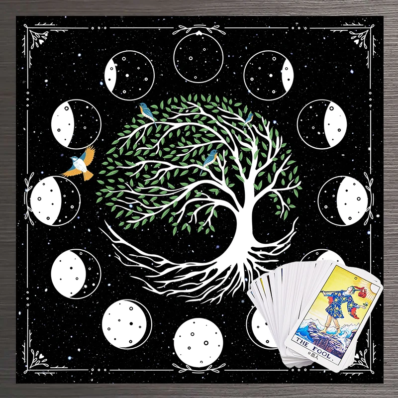 

Тканевая ткань с изображением дерева жизни, таро, Оракл, фазы Луны, птицы, гадания, инструменты, алтальная ткань, гадания, алтарь, Таро, коврик, декор для комнаты, домашняя ткань