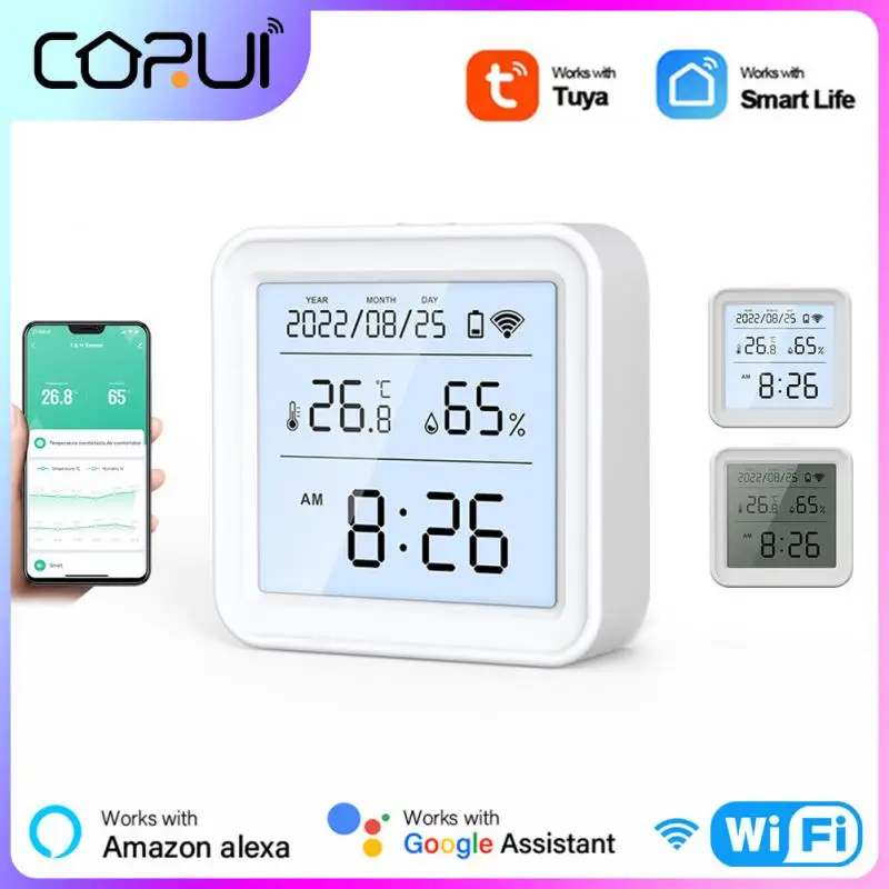 

Датчик температуры и влажности CORUI WiFi Tuya с ЖК-экраном и подсветкой, поддержка Smart Life, Alexa, Google Home