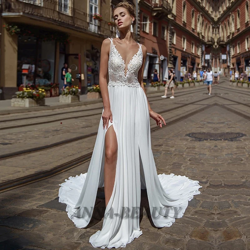 

Anna Sexy Classic Wedding Dresses Chiffon Slit Appliques Backless Court TrainWedding Gown For Bride personalised
