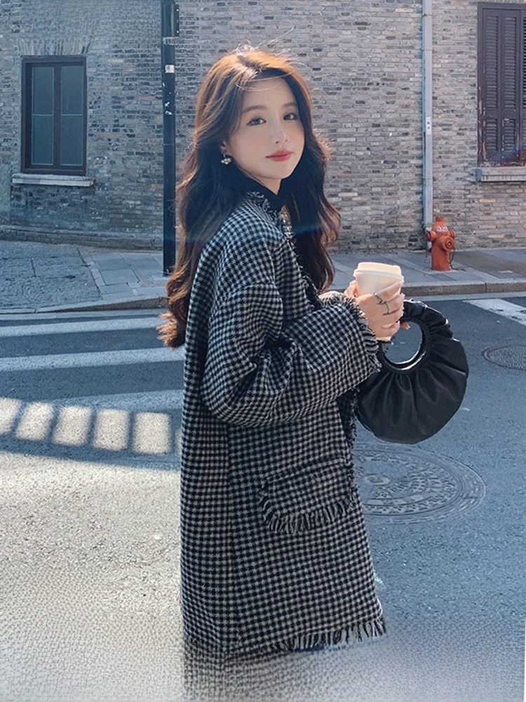 Изящная популярная верхняя одежда в стиле ретро с узором гусиные лапки женская