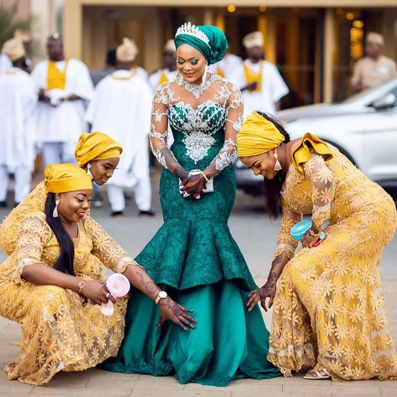 

New Style Green Lace Mermaid Wedding Dresses Sweep Train White Appliques Illsion Long Sleeves Vestidos De Novia Bridal Gowns