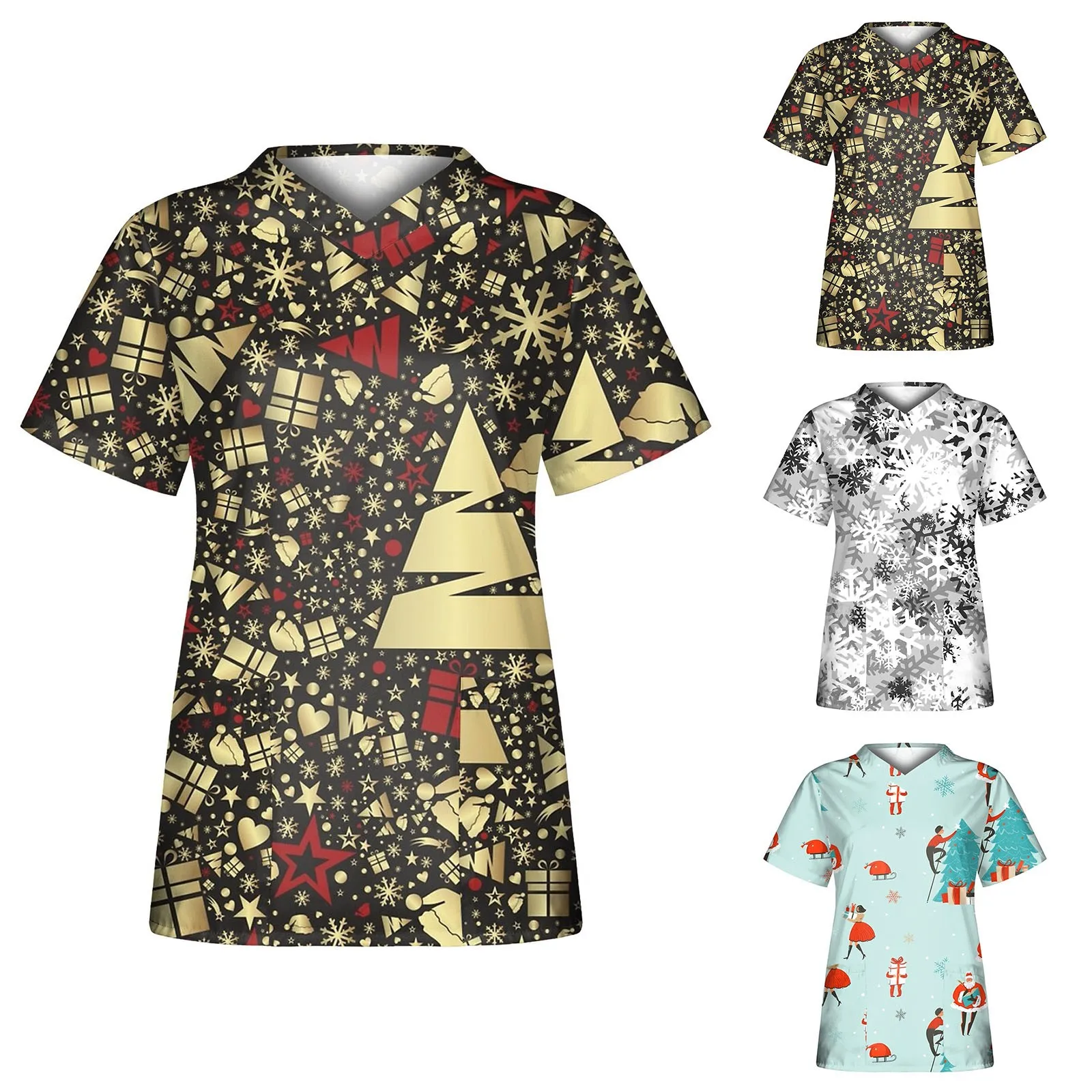 

Женская Повседневная Свободная рабочая одежда с коротким рукавом и карманами с рождественским принтом, небольшие рубашки для женщин, топы ...