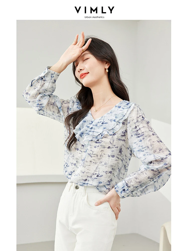 Рубашка Vimly женская шифоновая с V-образным вырезом элегантная Свободная блузка из