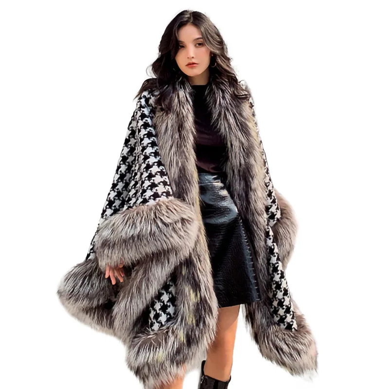 

2021 Winter Fur Poncho Women Real Fur Shawls Lady Luxury Houndstooth Cloak Silver Fox Cape S3547