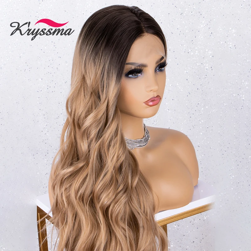 Lace Front Wig Long Wavy Ombre Blonde Synthetic Wig for Women Party Heat Resistant Fiber Hair Natural hard lace Wigs 2021 New