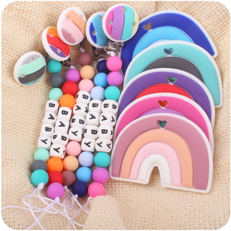 

2 Pcs Baby Pacifier Chain Clip Rainbow Teether Set Newborn Nipple Dummy Clip Holder Silicone Teething Soother Molar Toys QX2D