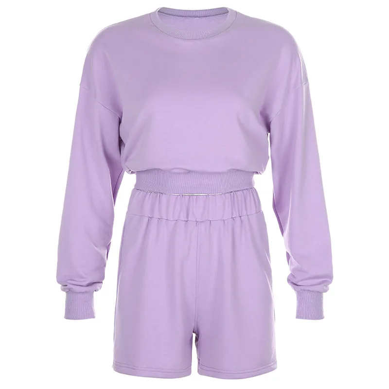 Solid Women Tracksuits Two Pieces Suits Autumn Winter Loose Streetwear Sweatshirt + Sporting Shorts Suits 2 Piece Outfit Sets