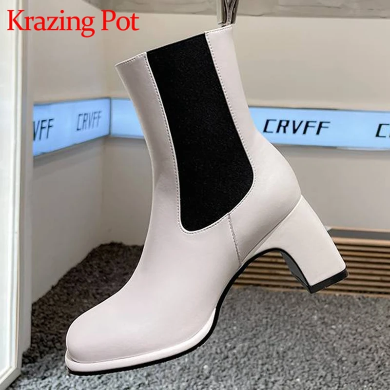 

Krazing Pot Full Genuine Leather Square Toe Thick High Heel Stretch Boots Mixed Colors England Style Daily Slip on Ankle Boots