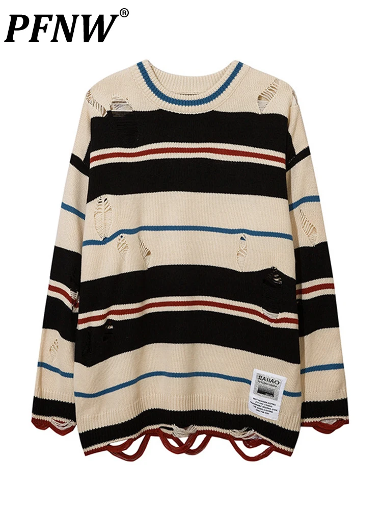 

PFNW Street Men's Wear New Design Sense Literature Hole Striped Knitted Sweater Men And Women Style Round Neck Tops 12A4369