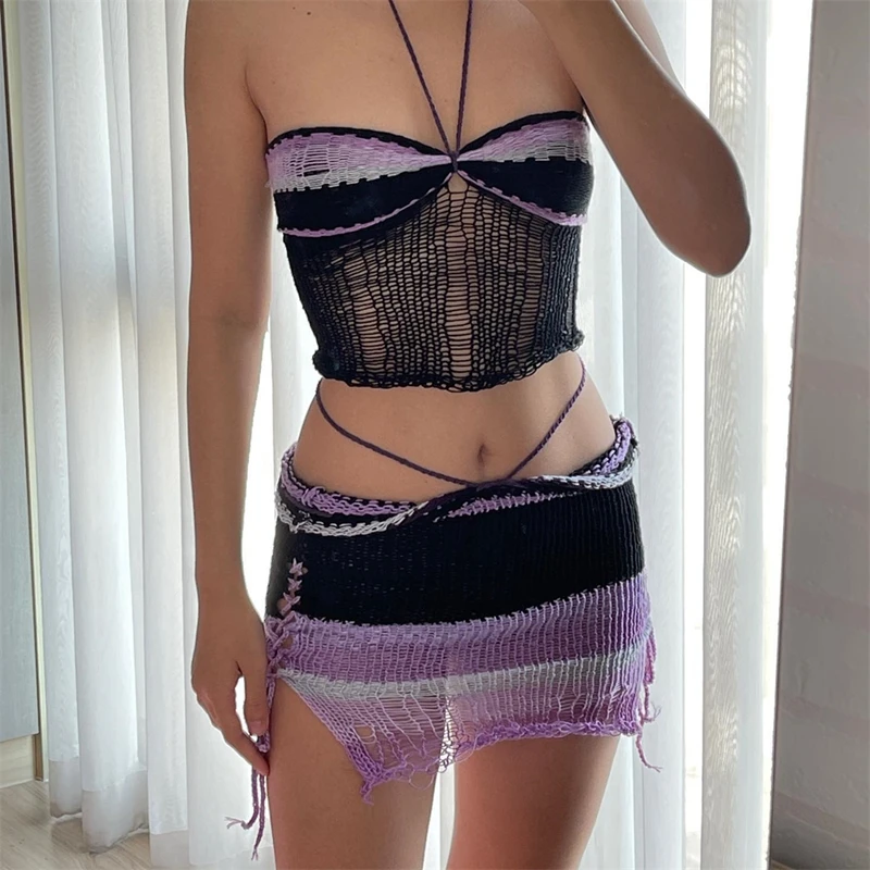 Skirt Music Club Sexy Backless Camis Crochet Set
