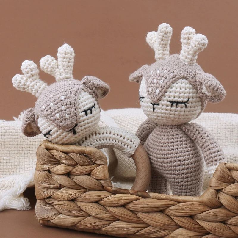 

Crochet Animal Baby Rattle Bell Handhold Teething Toy Teething Pains Relief Knitted Deer Dolls for Infant Baby Sleep Toy