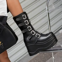 five breasted metal decoration punk style motorcycle boots wedge heel platform heightening shoes plush inner mid calf boots